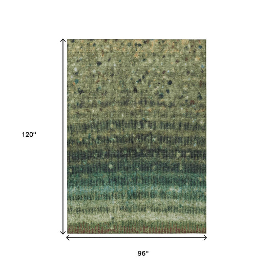 8' X 10' Fern Green And Gray Striped Washable Indoor Outdoor Area Rug