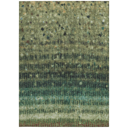9' X 12' Fern Green And Gray Striped Washable Indoor Outdoor Area Rug
