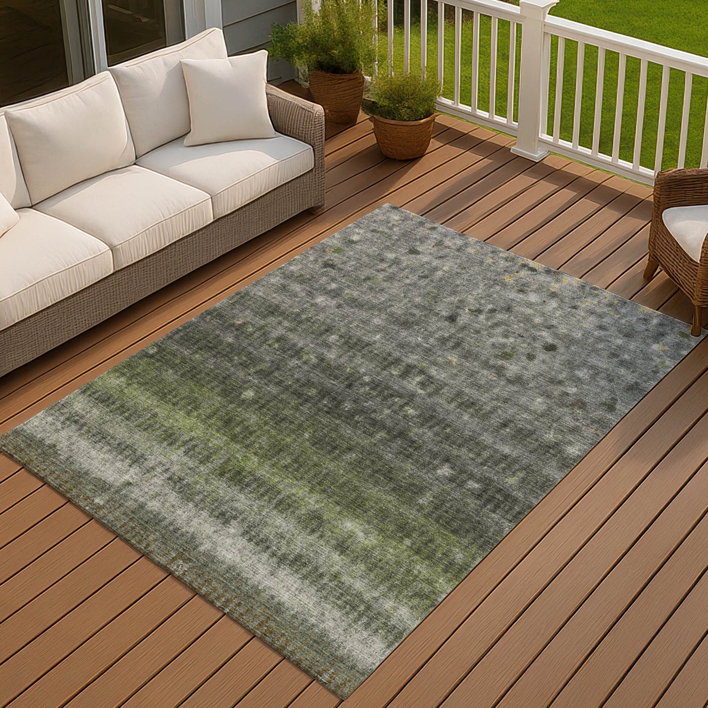 10' X 14' Olive Green And Gray Striped Washable Indoor Outdoor Area Rug