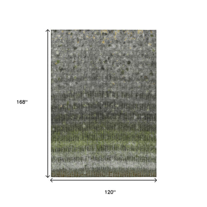 10' X 14' Olive Green And Gray Striped Washable Indoor Outdoor Area Rug