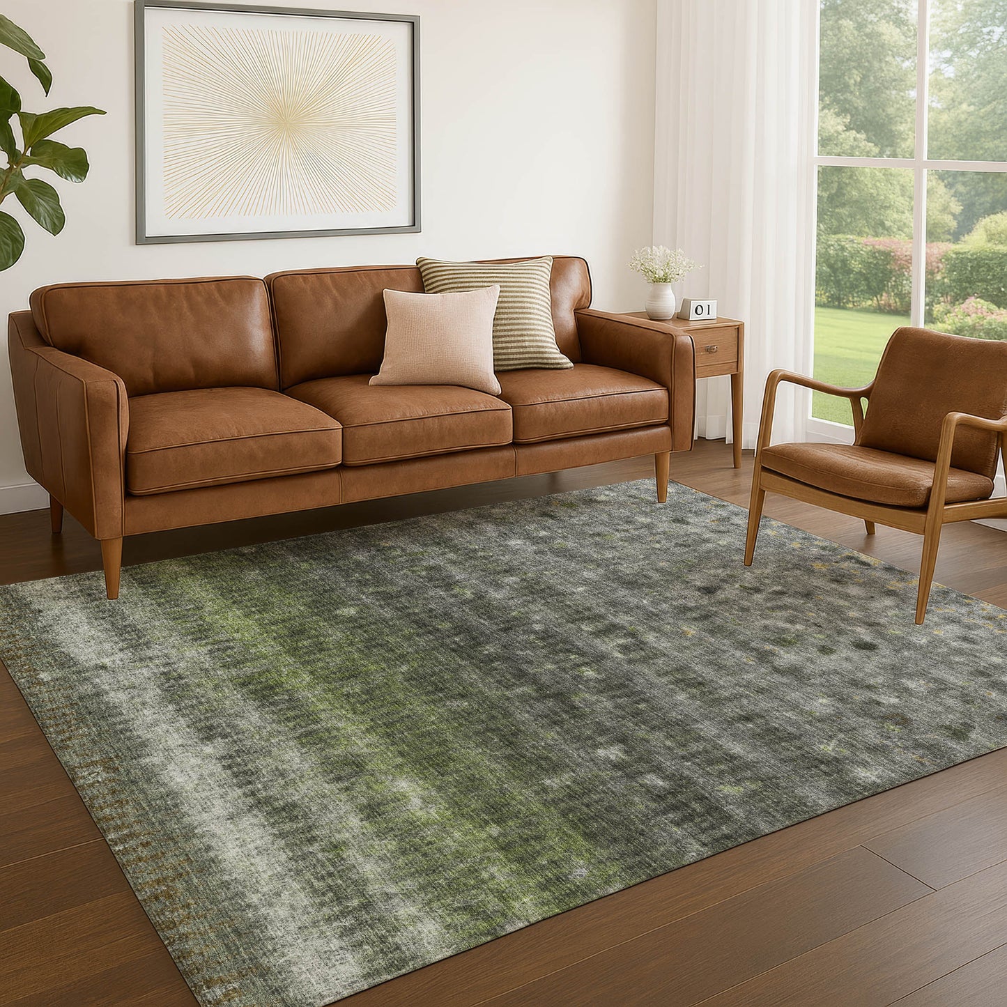 10' X 14' Olive Green And Gray Striped Washable Indoor Outdoor Area Rug