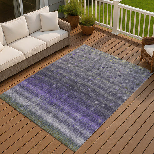 10' X 14' Purple And Gray Striped Washable Indoor Outdoor Area Rug