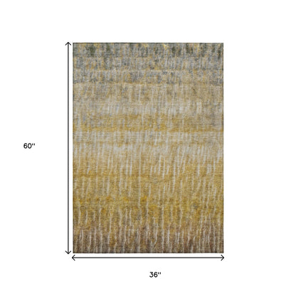 3' X 5' Gold Beige And Gray Abstract Washable Indoor Outdoor Area Rug