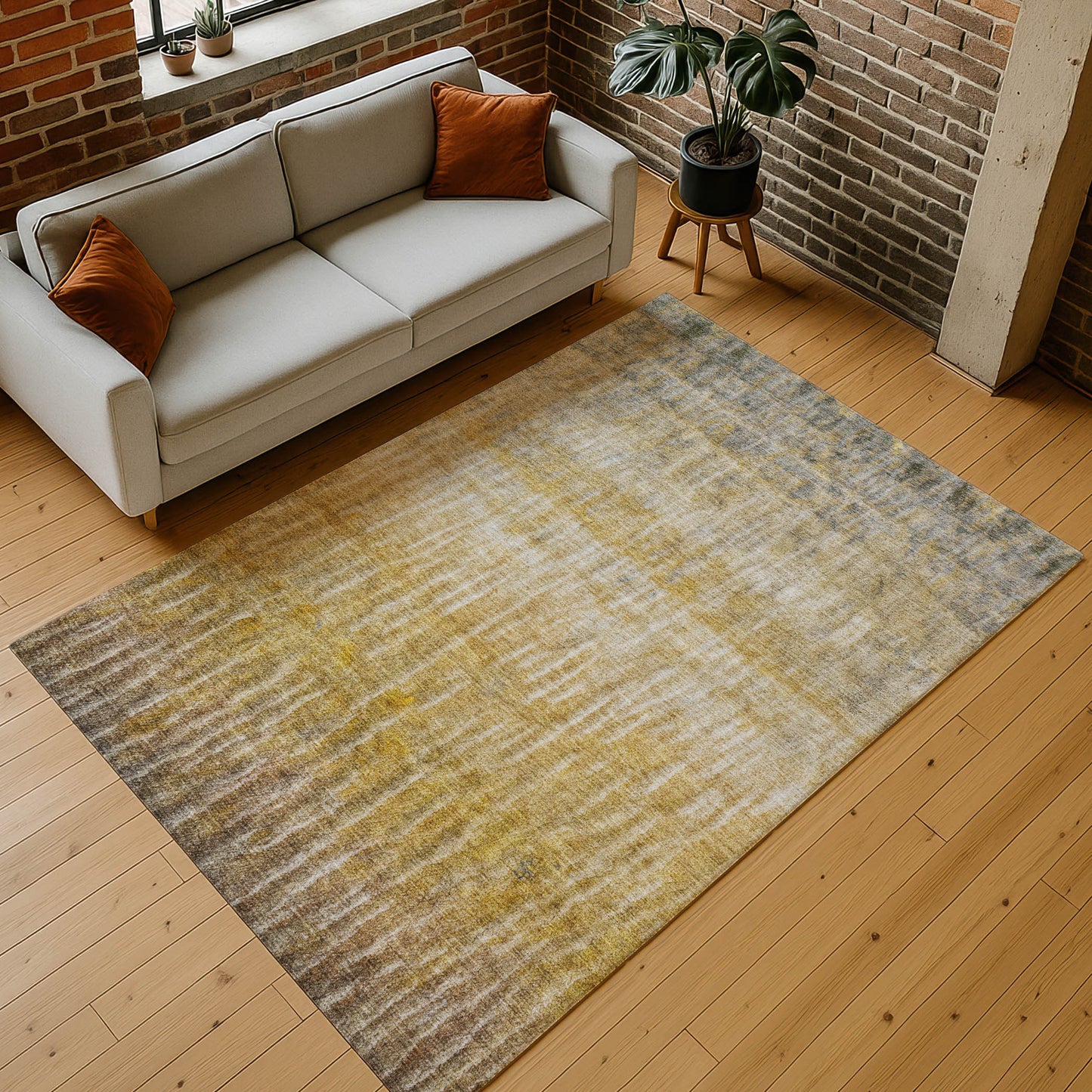 3' X 5' Gold Beige And Gray Abstract Washable Indoor Outdoor Area Rug
