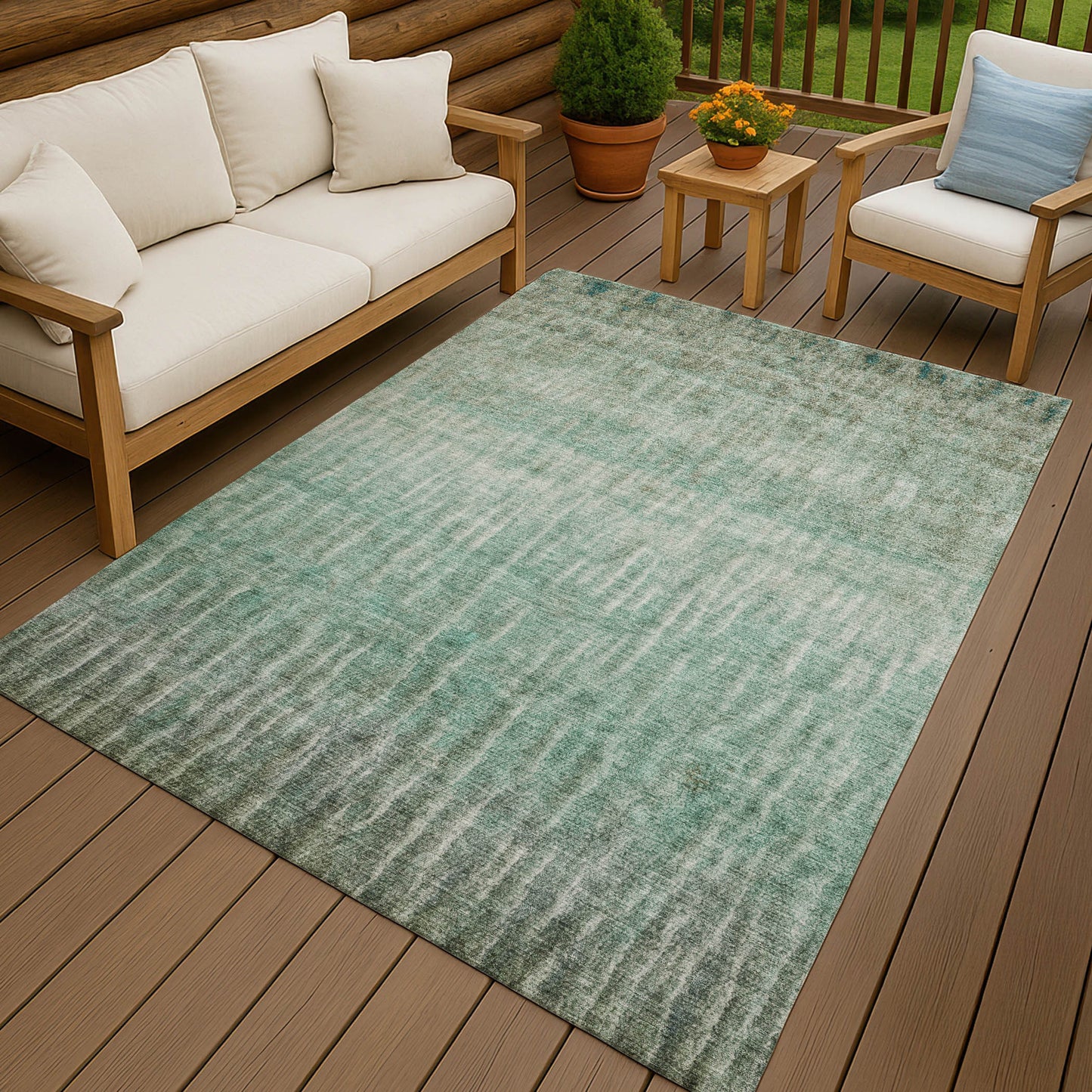 5' X 8' Teal Blue And Beige Abstract Washable Indoor Outdoor Area Rug