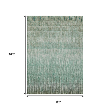 10' X 14' Teal Blue And Beige Abstract Washable Indoor Outdoor Area Rug