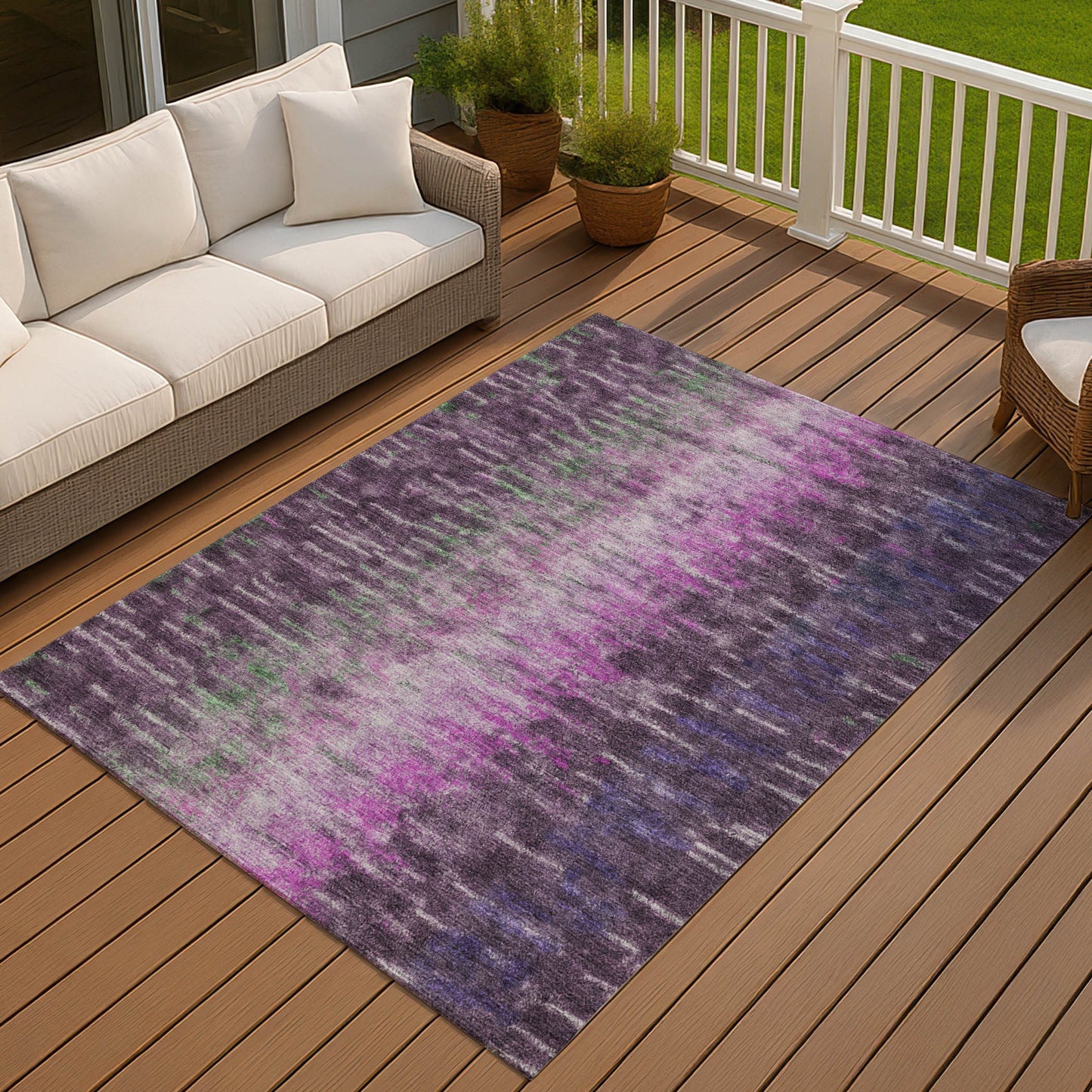 8' X 10' Eggplant Green And Blue Abstract Washable Indoor Outdoor Area Rug