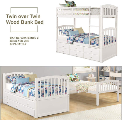 Harper&Bright Designs Twin over Twin Bunk Bed with Twin Trundle, 3 Storage Drawers, Safety Rail, and Removable Ladder, Can Be Separated into 3 Bed, White