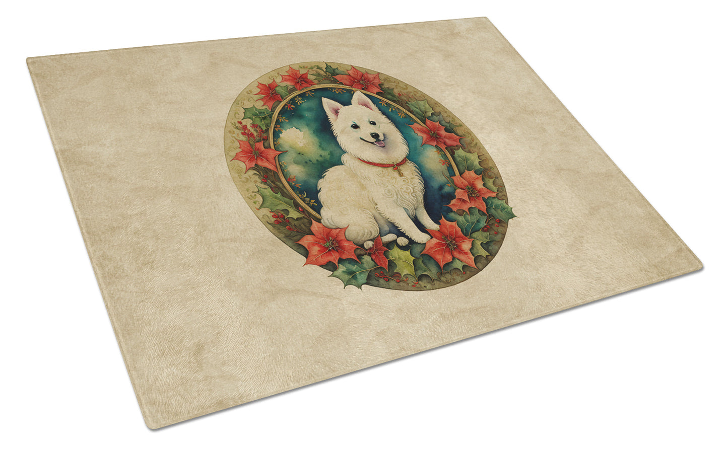 Japanese Spitz Christmas Flowers Glass Cutting Board