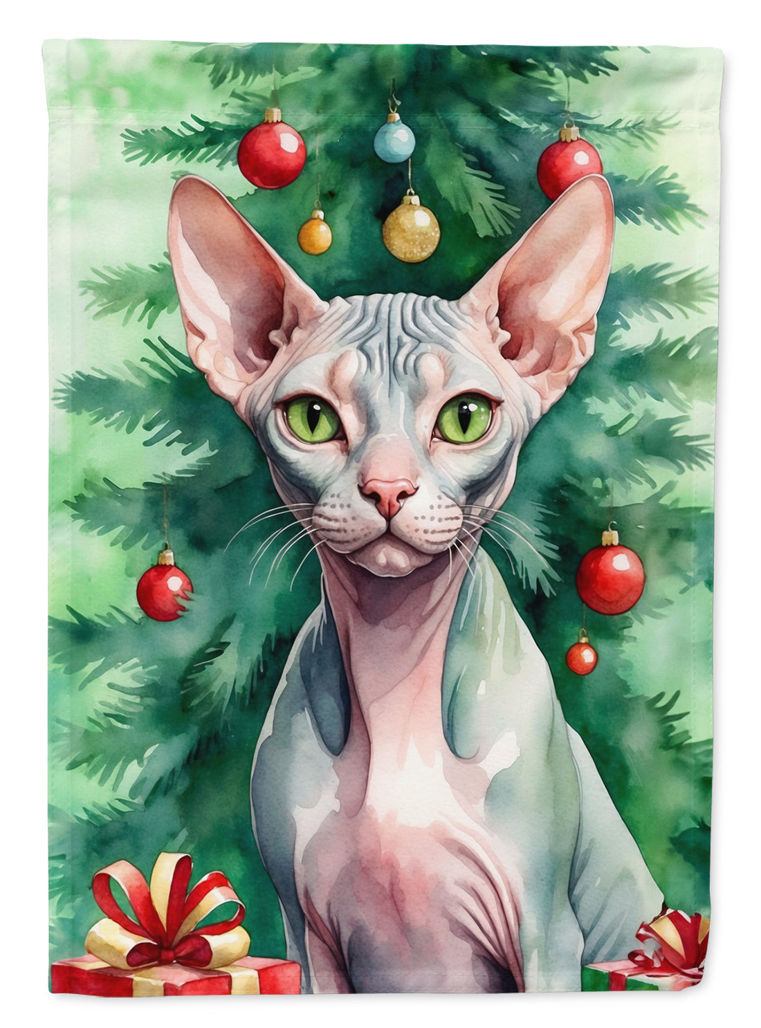 Sphynx Cat By the Christmas Tree House Flag